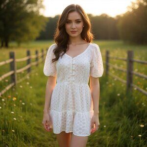 Zara Basic White Puff Sleeve Floral Embroidered Dress Cottagecore M/L‎